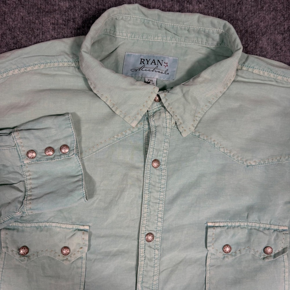 Ryan Michael Western Snap Shirt Mens XXL Light Green Silk Linen Cotton Aqua GUC
